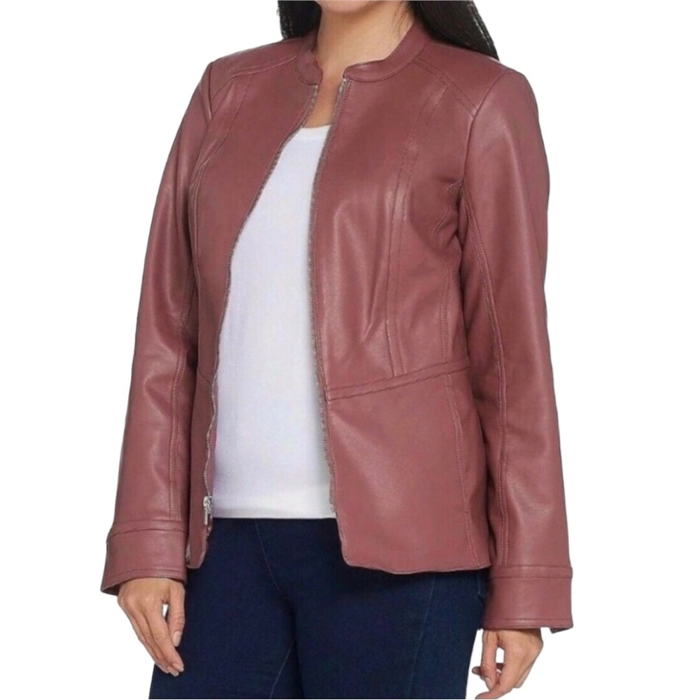 Faux Leather Jacket Size Medium Mauve Denim & Co. Rose Brown Full Zip Pockets